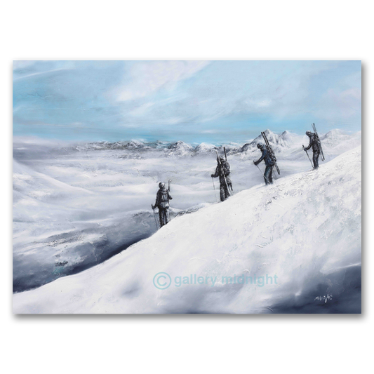 Family skiing on vast alpine mountain landscape with snowy peaks and pastel sky, winter art print