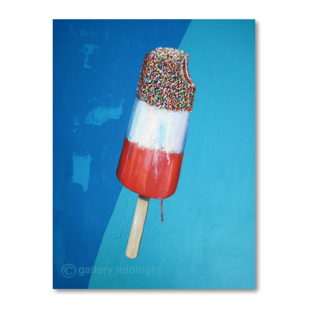 Pop-art painting of a red, white and sprinkled Fab ice lolly against split light and dark blue, by Johny Midnight.