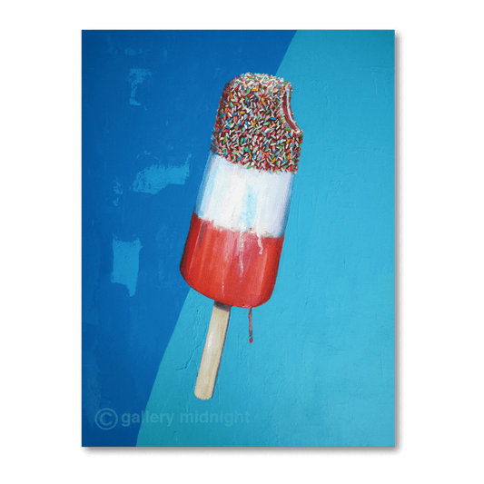 Pop-art painting of a red, white and sprinkled Fab ice lolly against split light and dark blue, by Johny Midnight.