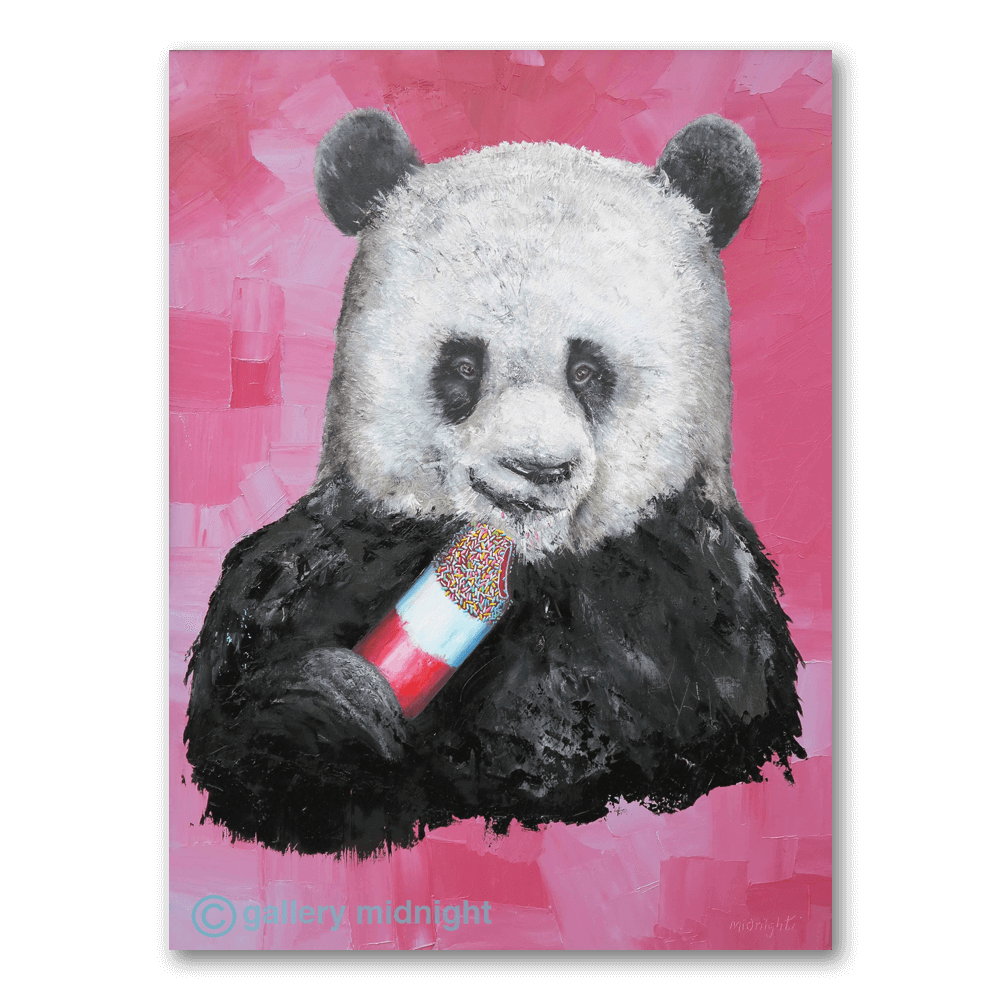 Realistic panda holding and eating a Fab ice lolly against a loose colourful background, by Johny Midnight.