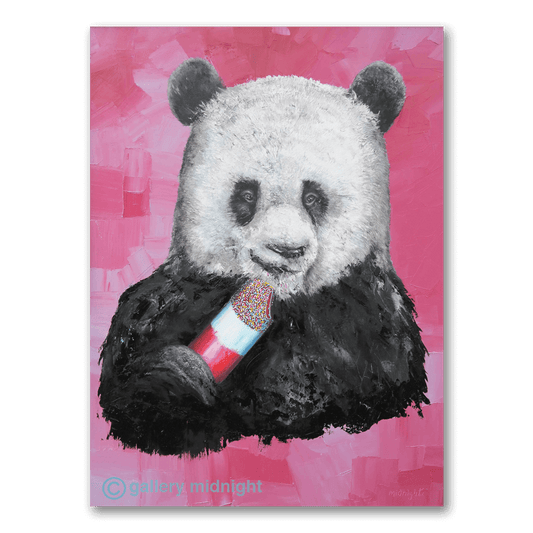 Realistic panda holding and eating a Fab ice lolly against a loose colourful background, by Johny Midnight.