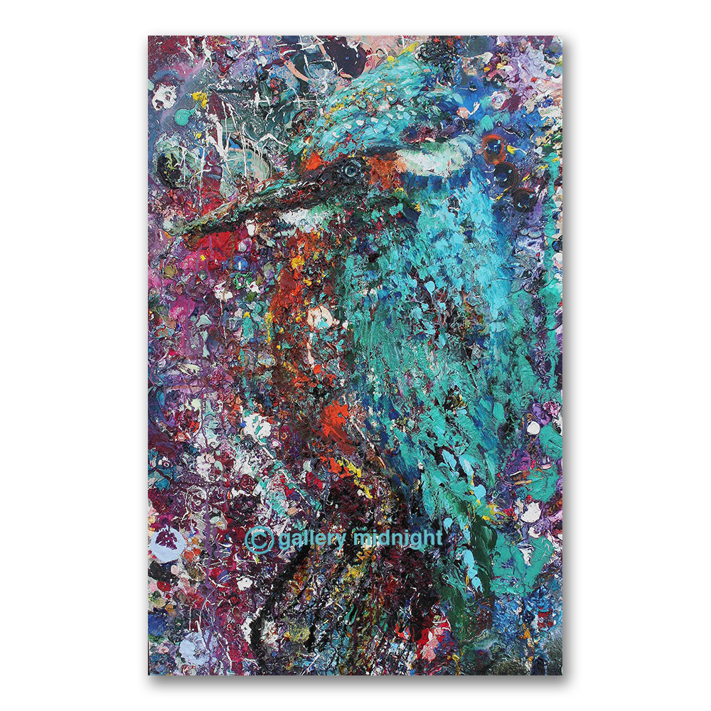 Abstract kingfisher in orange, white and turquoise formed from layered brushmarks on tempered glass, by Johny Midnight.