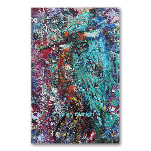 Abstract kingfisher in orange, white and turquoise formed from layered brushmarks on tempered glass, by Johny Midnight.