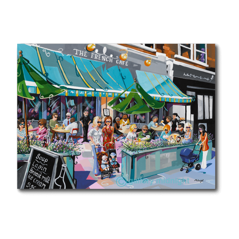 French Cafe Ritherdon Road SW17 with prams, terrace seating and humorous billboard sign, South London art print
