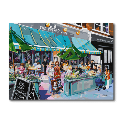 French Cafe Ritherdon Road SW17 with prams, terrace seating and humorous billboard sign, South London art print