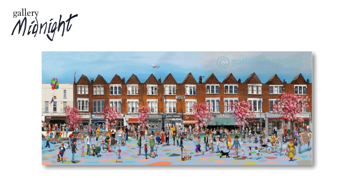 Lively high street with cherry blossom, terraced houses and shoppers passing Gallery Midnight, a painting by Johny Midnight.