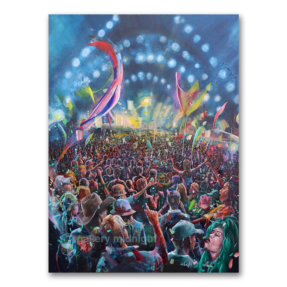 Painting of a crowd at night at Pyramid Stage at the Glastonbury concert with colorful flags and lights.