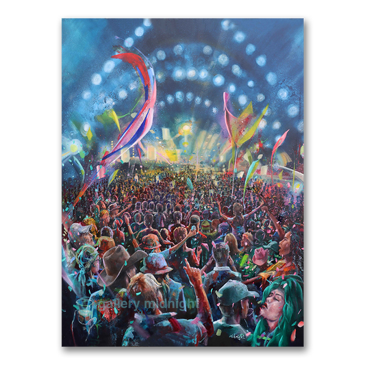 Painting of a crowd at night at Pyramid Stage at the Glastonbury concert with colorful flags and lights.