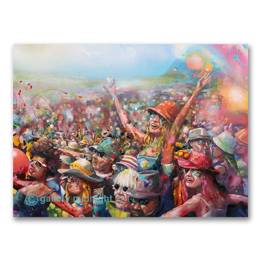 Colorful painting of a crowd at the Glastonbury music festival with people wearing hats and sunglasses.
