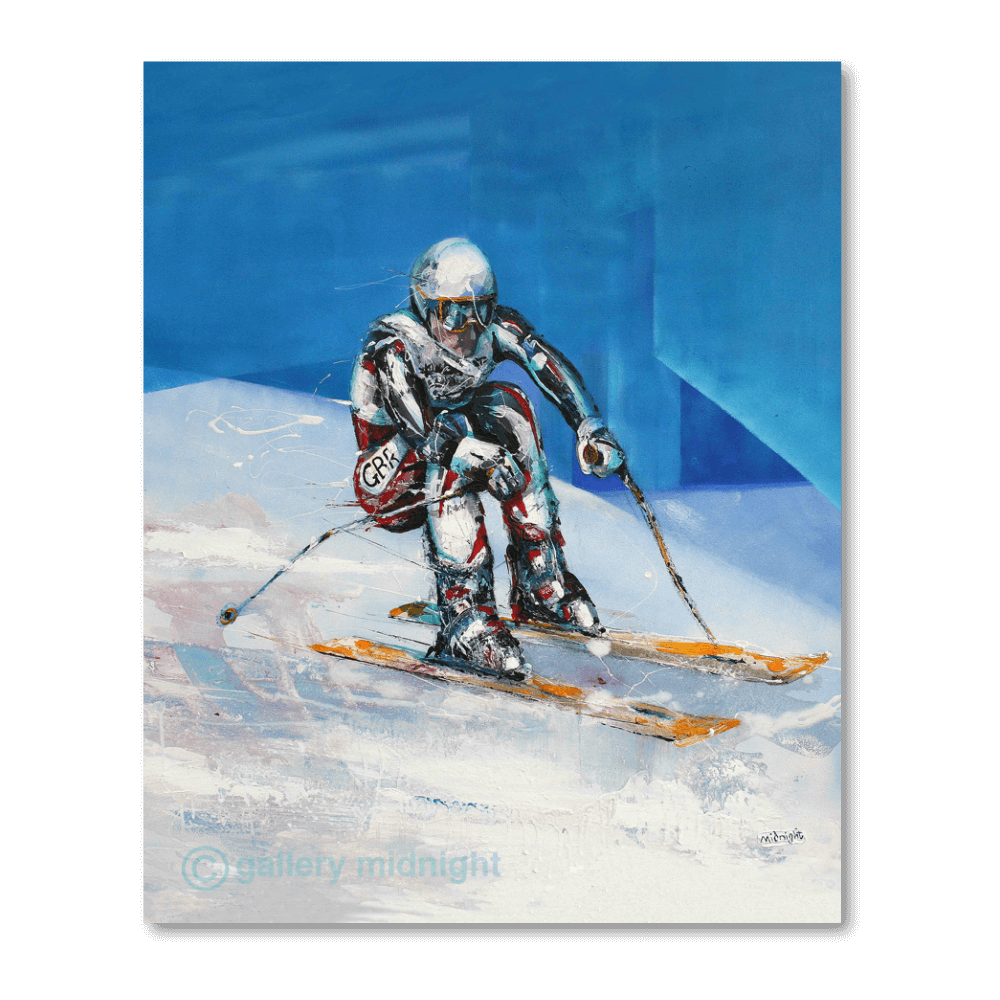 Painting of British downhill skier Graham Bell racing downhill, wearing a GB racing suit and yellow skis, against a bold abstract blue background — artwork by Johny Midnight