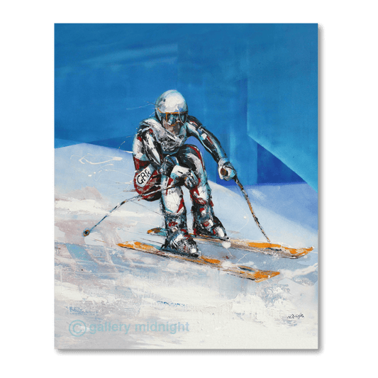Painting of British downhill skier Graham Bell racing downhill, wearing a GB racing suit and yellow skis, against a bold abstract blue background — artwork by Johny Midnight