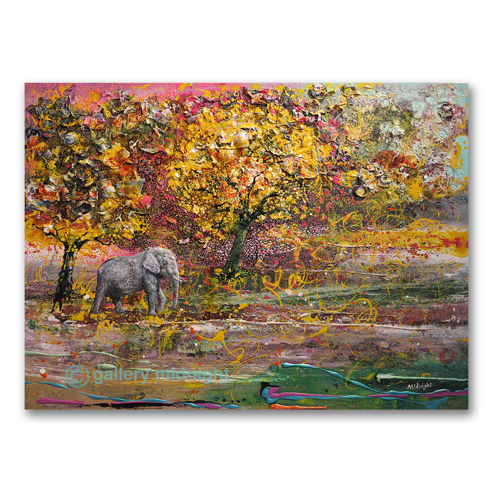 Elephant walking through an abstract savannah of thick palette paint and yellow leaf-like marks, by Johny Midnight.
