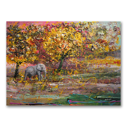 Elephant walking through an abstract savannah of thick palette paint and yellow leaf-like marks, by Johny Midnight.