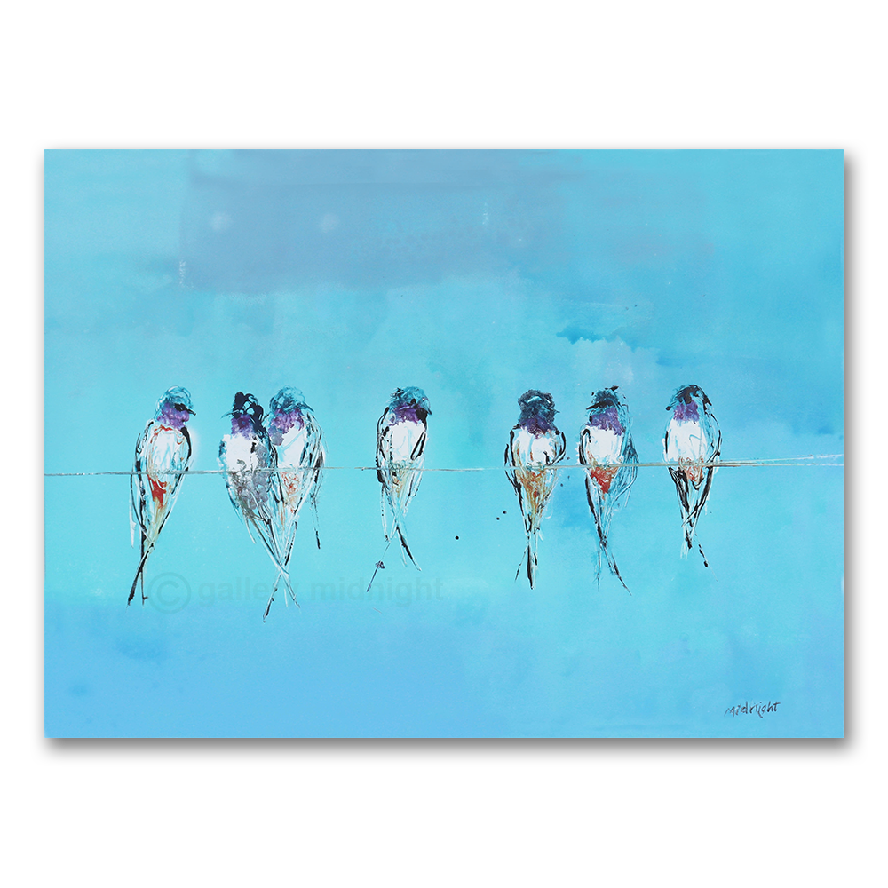 Seven swallows perched on a single thin wire against a soft turquoise and blue graded sky, by Johny Midnight.