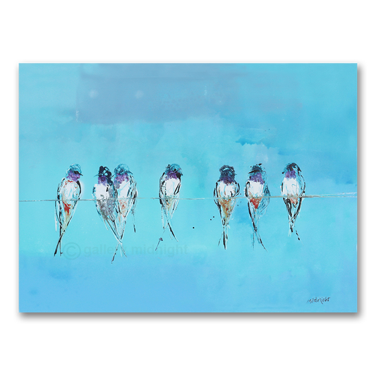 Seven swallows perched on a single thin wire against a soft turquoise and blue graded sky, by Johny Midnight.