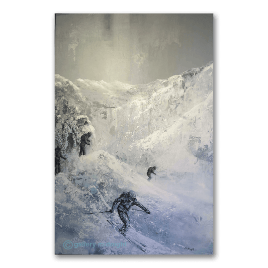 Three skiers descending a steep, icy back-country mountain in stormy grey conditions, from Johny Midnight’s painting Holy Crap
