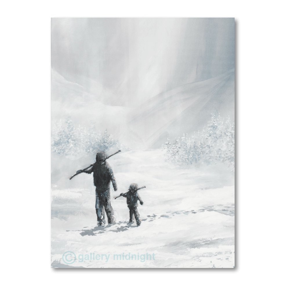 Painting of a parent and child walking through snowy mountains with skis on their shoulders, heading home through a soft winter landscape.