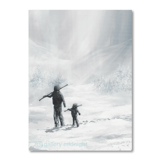 Painting of a parent and child walking through snowy mountains with skis on their shoulders, heading home through a soft winter landscape.