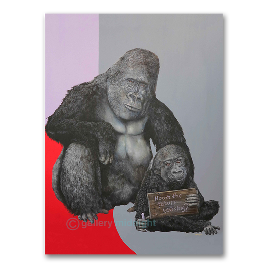 Silverback gorilla and baby with soulful eyes, the young one holding a 'how's the future looking?' sign, by Johny Midnight.