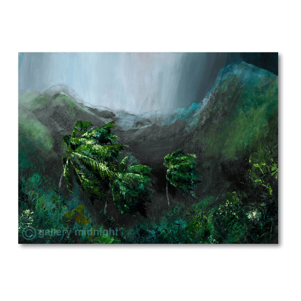 Tropical storm landscape painting of St Lucia by Johny Midnight, featuring dark green palm trees and jungle in heavy rain with dramatic grey skies breaking into light.