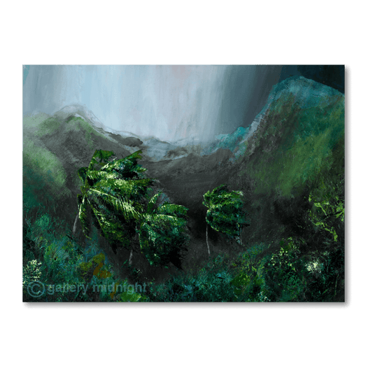 Tropical storm landscape painting of St Lucia by Johny Midnight, featuring dark green palm trees and jungle in heavy rain with dramatic grey skies breaking into light.