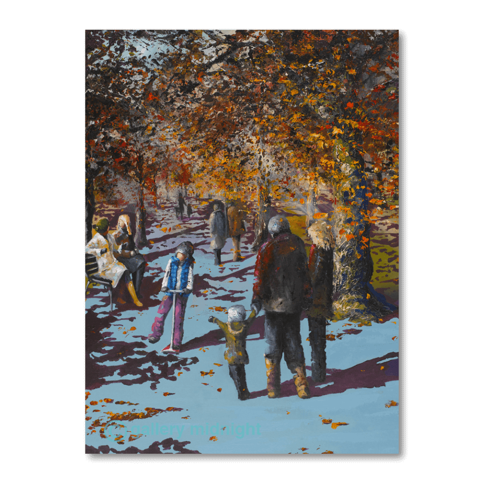 Autumn Common family scene with child pointing at girl on scooter, golden trees and park path, London art print
