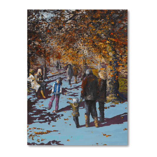 Autumn Common family scene with child pointing at girl on scooter, golden trees and park path, London art print