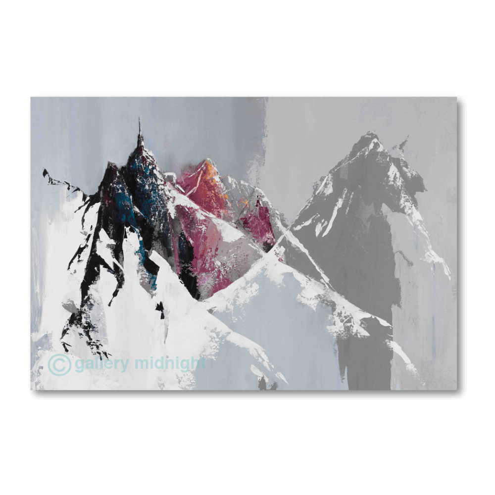 Abstract mountain painting of the Aiguille du Midi with grey, purple, and sunset red tones, depicting extreme alpine weather at high altitude.