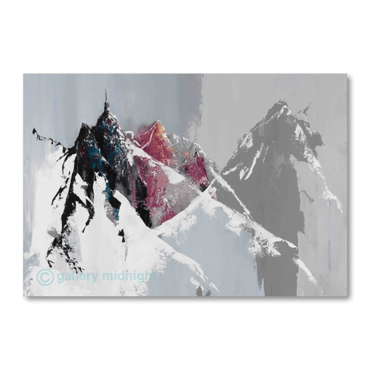Abstract mountain painting of the Aiguille du Midi with grey, purple, and sunset red tones, depicting extreme alpine weather at high altitude.