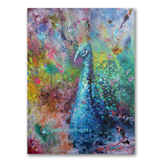 Ornamental blue and turquoise peacock drawn in an illustrative style from poured paint, by Johny Midnight.