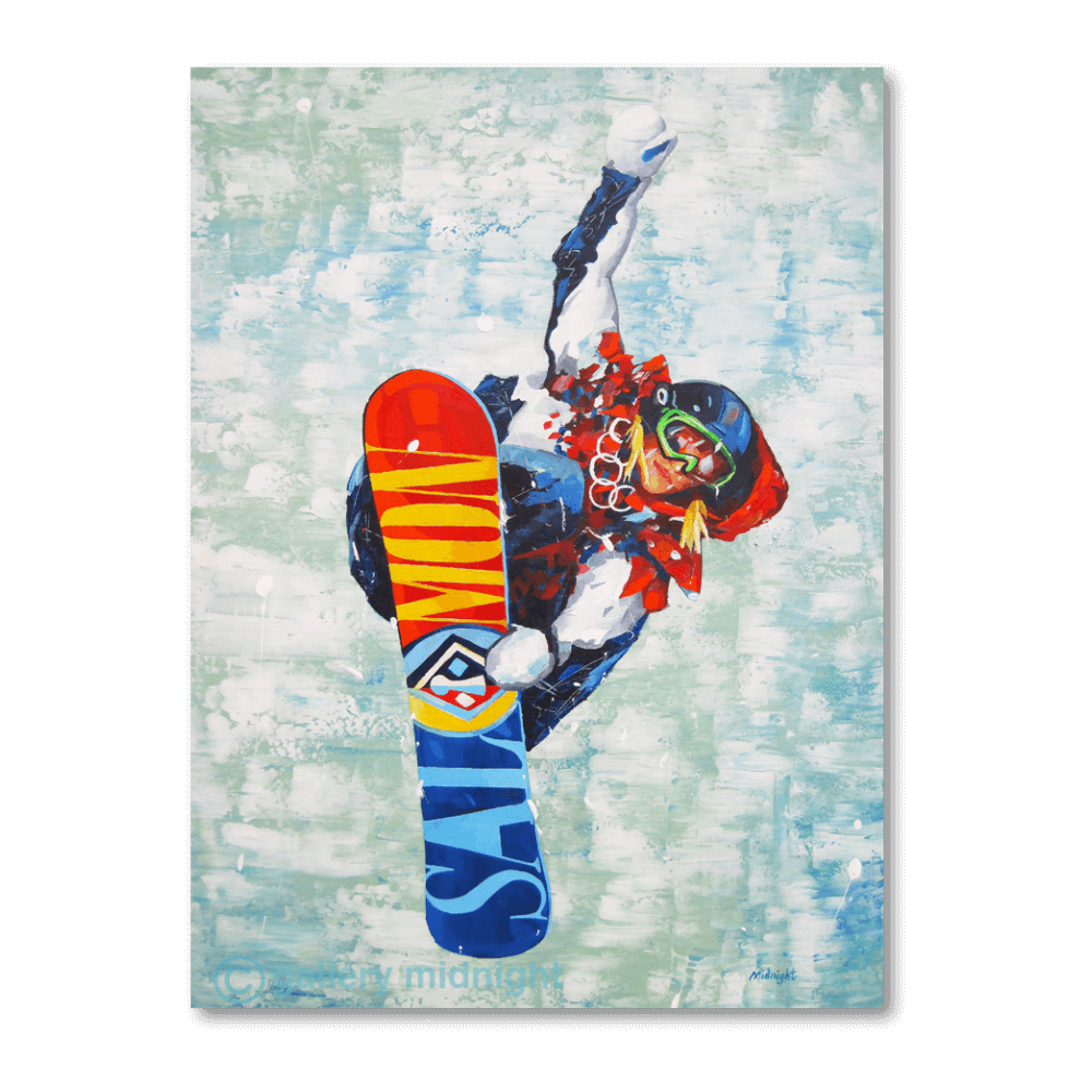 Snowboarder Jenny Jones airborne in a high grab trick, painted in bold colours against an abstract blue and green background.