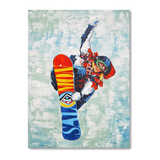 Snowboarder Jenny Jones airborne in a high grab trick, painted in bold colours against an abstract blue and green background.