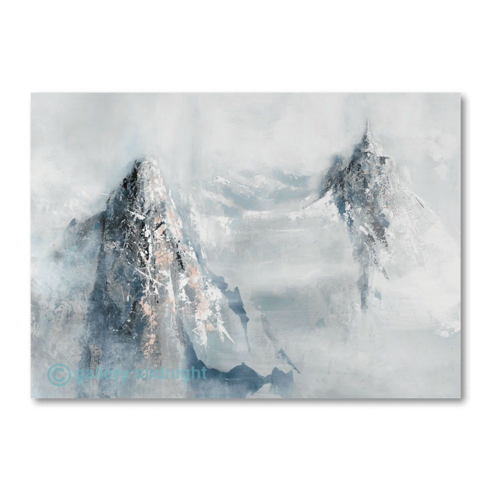Abstract mountain painting of the Aiguille du Midi and Les Drus in the Chamonix Valley by Johny Midnight, featuring misty alpine peaks with grey, blue and soft pink tones.