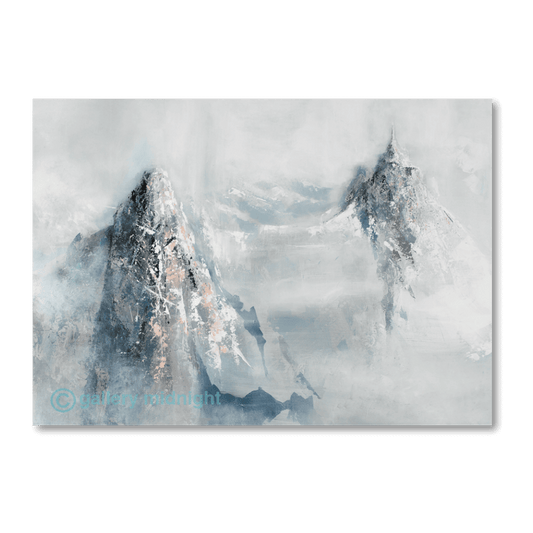 Abstract mountain painting of the Aiguille du Midi and Les Drus in the Chamonix Valley by Johny Midnight, featuring misty alpine peaks with grey, blue and soft pink tones.