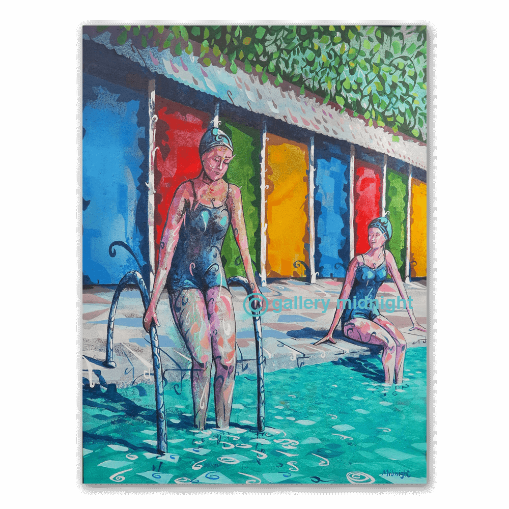 Limited edition art print of two women swimming at Tooting Bec Lido in 1920s style with colourful changing cabins
