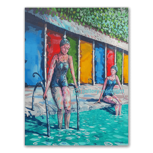 Limited edition art print of two women swimming at Tooting Bec Lido in 1920s style with colourful changing cabins