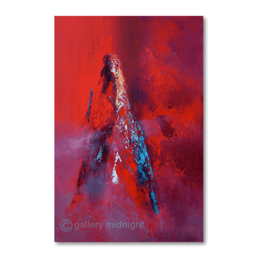 Abstract red mountain painting of Les Drus in the Chamonix Valley by Johny Midnight, featuring bold crimson tones with gold and blue highlights inspired by exposed granite.