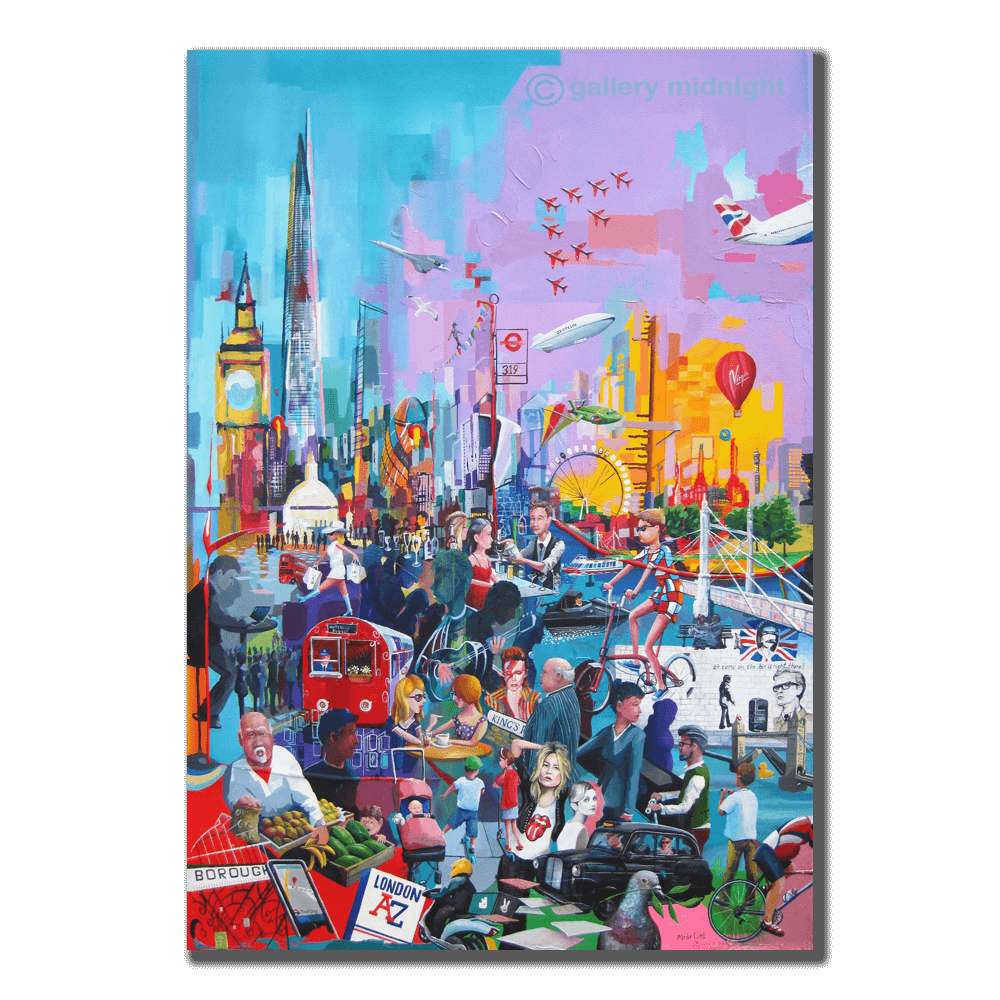 Maybe it's because I'm a Londoner Colourful London life art print featuring The Shard, Big Ben, black cabs and cultural icons in a vibrant city collage