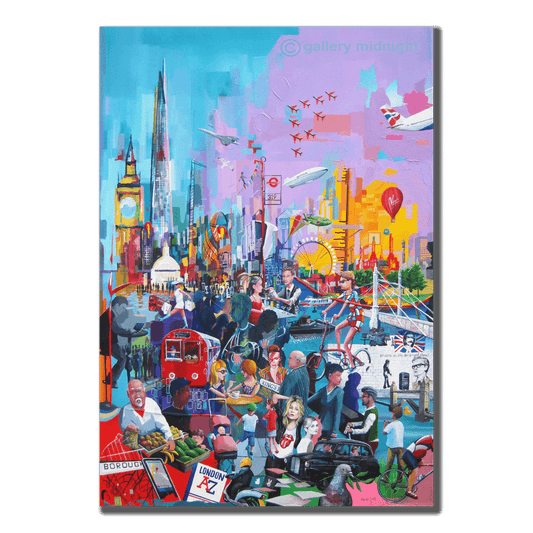 Maybe it's because I'm a Londoner Colourful London life art print featuring The Shard, Big Ben, black cabs and cultural icons in a vibrant city collage