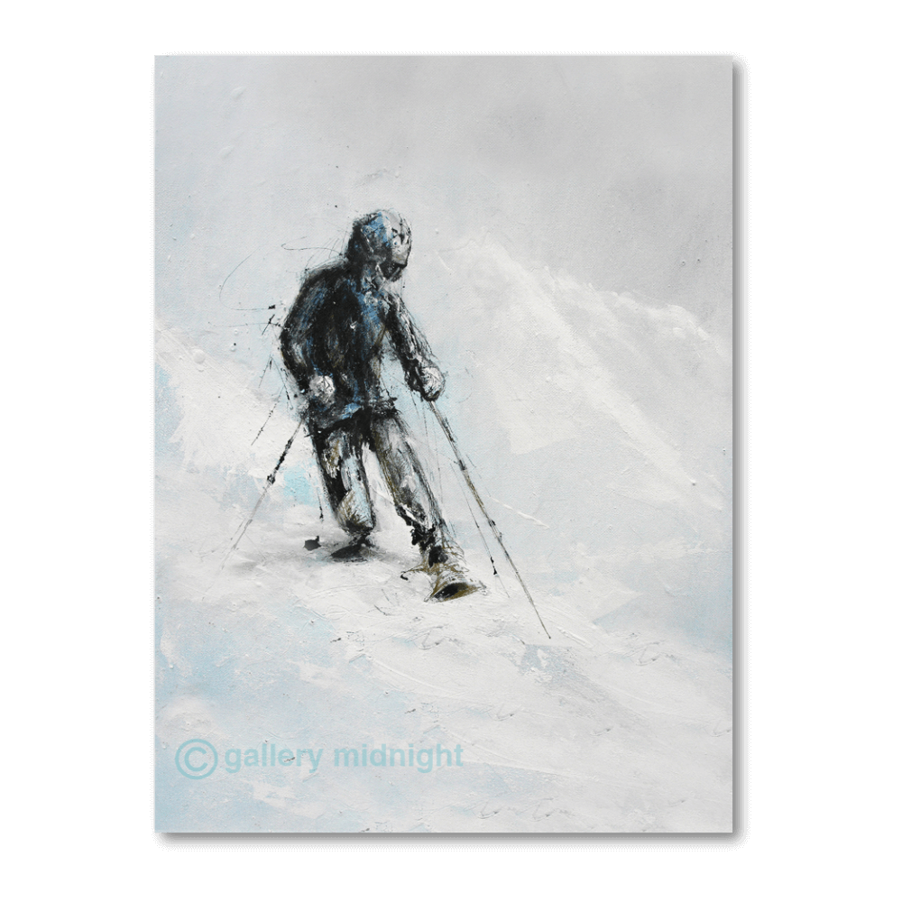 A lone telemark skier hesitating at the top of a steep snowy run, painted in loose black, white and turquoise tones against a misty alpine background.