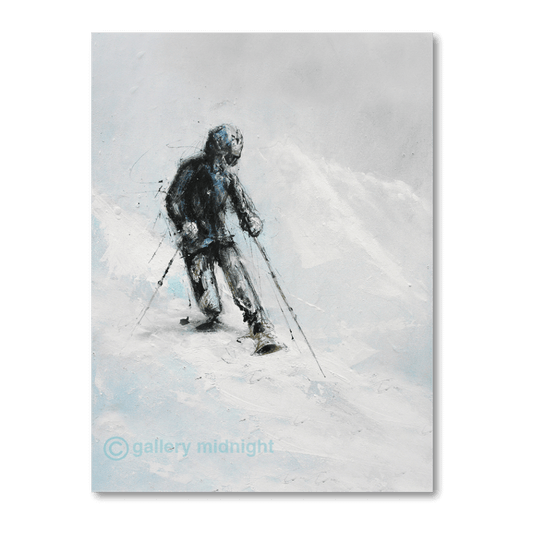 A lone telemark skier hesitating at the top of a steep snowy run, painted in loose black, white and turquoise tones against a misty alpine background.