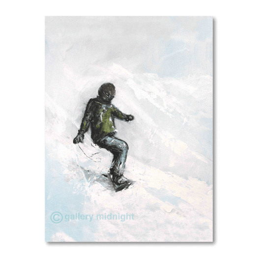 A lone snowboarder hesitating at the top of a steep snowy descent, painted with heavy white texture and subtle blue and turquoise tones against a misty alpine backdrop.