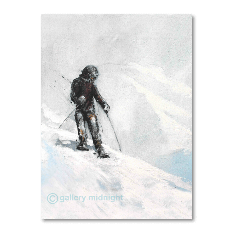 A lone skier hesitating at the edge of a steep icy slope, painted in muted greys and whites with heavy textured snow and a misty alpine background.