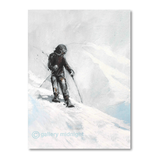A lone skier hesitating at the edge of a steep icy slope, painted in muted greys and whites with heavy textured snow and a misty alpine background.