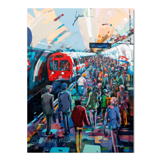 Busy London Underground tube station with red train arriving and commuters on platform, colourful London transport art print