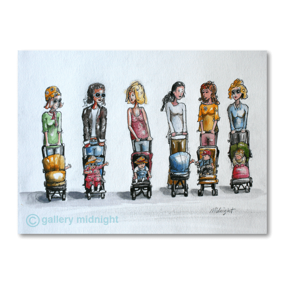 Nappy Valley Balham art print with stylish mums and babies in prams, watercolour London illustration