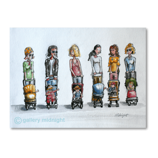 Nappy Valley Balham art print with stylish mums and babies in prams, watercolour London illustration