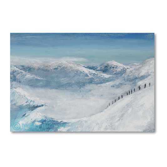 A line of silhouetted skiers traversing a high alpine ridge above cloud-filled valleys, with snow-covered mountains and a turquoise-blue sky, painted by Johny Midnight.