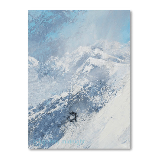 Abstract ski painting by Johny Midnight showing a lone skier descending a steep powder slope, surrounded by blue and white snow textures.