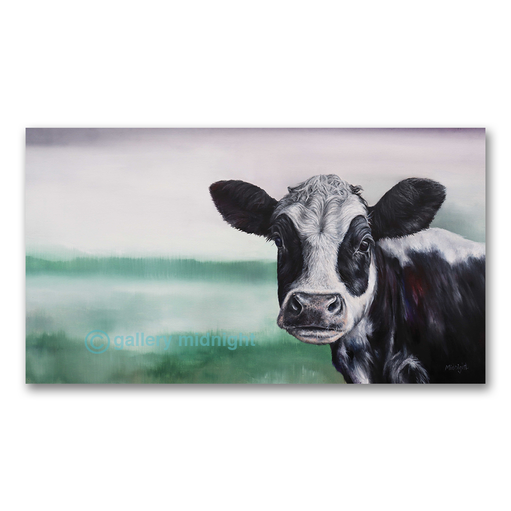 Pat the Cow oil painting by Johny Midnight showing a young black-and-white Friesian cow looking directly at the viewer.
